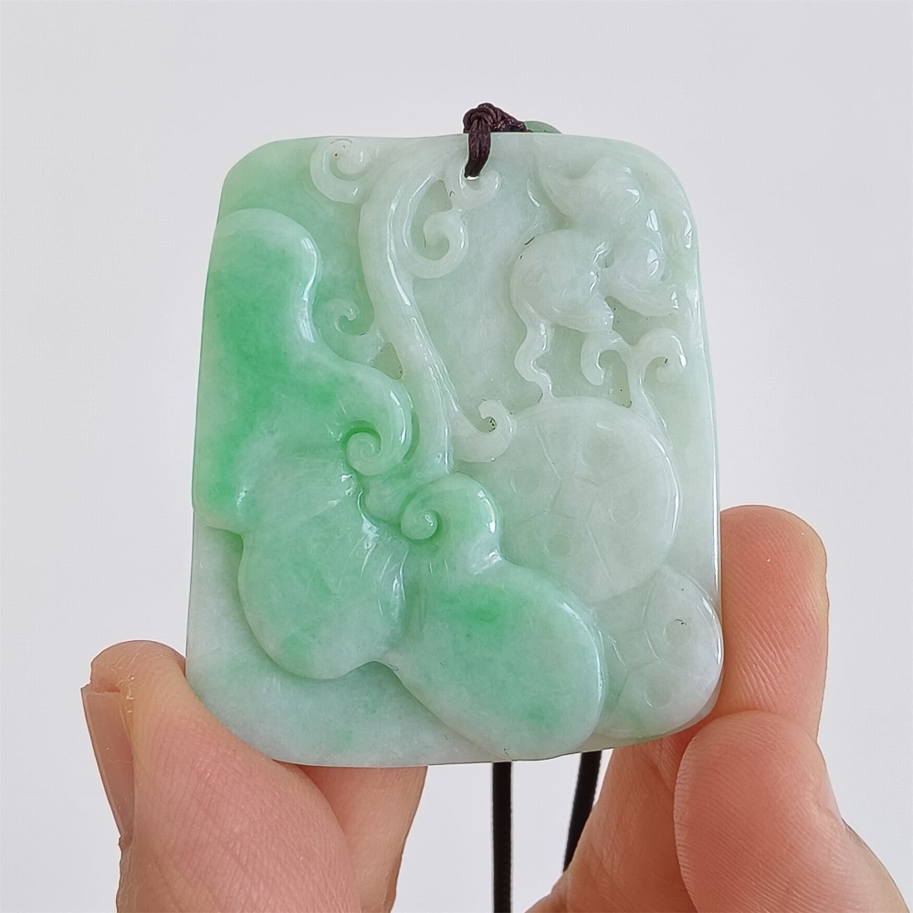 DDP | 45X38.6X6.3mm Natural Certificated Type A Green White Burmese Jadeite Trapezoid Pendant With Ruyi And Bird Carved,Amulet Pendant,DIY Jewelry Supplies