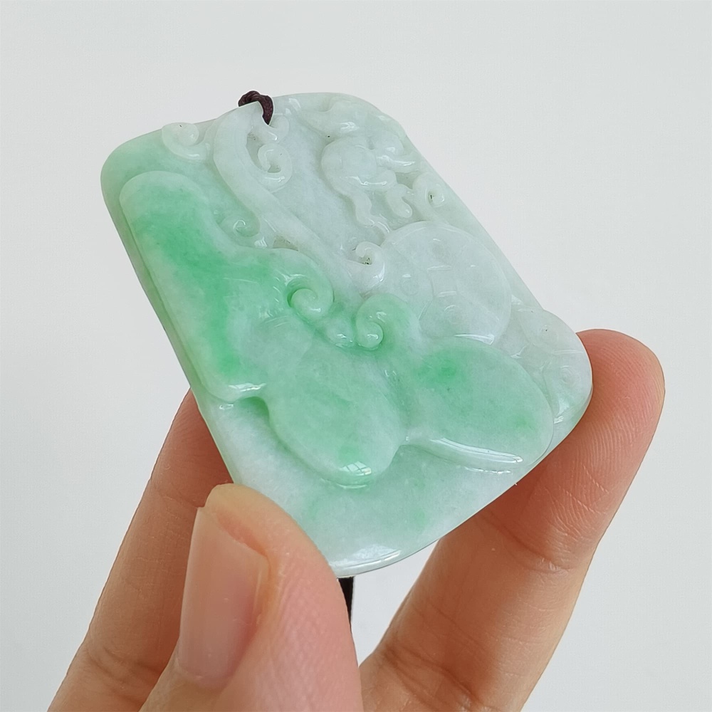 DDP | 45X38.6X6.3mm Natural Certificated Type A Green White Burmese Jadeite Trapezoid Pendant With Ruyi And Bird Carved,Amulet Pendant,DIY Jewelry Supplies