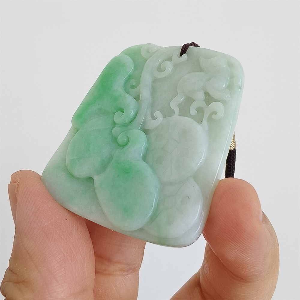 DDP | 45X38.6X6.3mm Natural Certificated Type A Green White Burmese Jadeite Trapezoid Pendant With Ruyi And Bird Carved,Amulet Pendant,DIY Jewelry Supplies