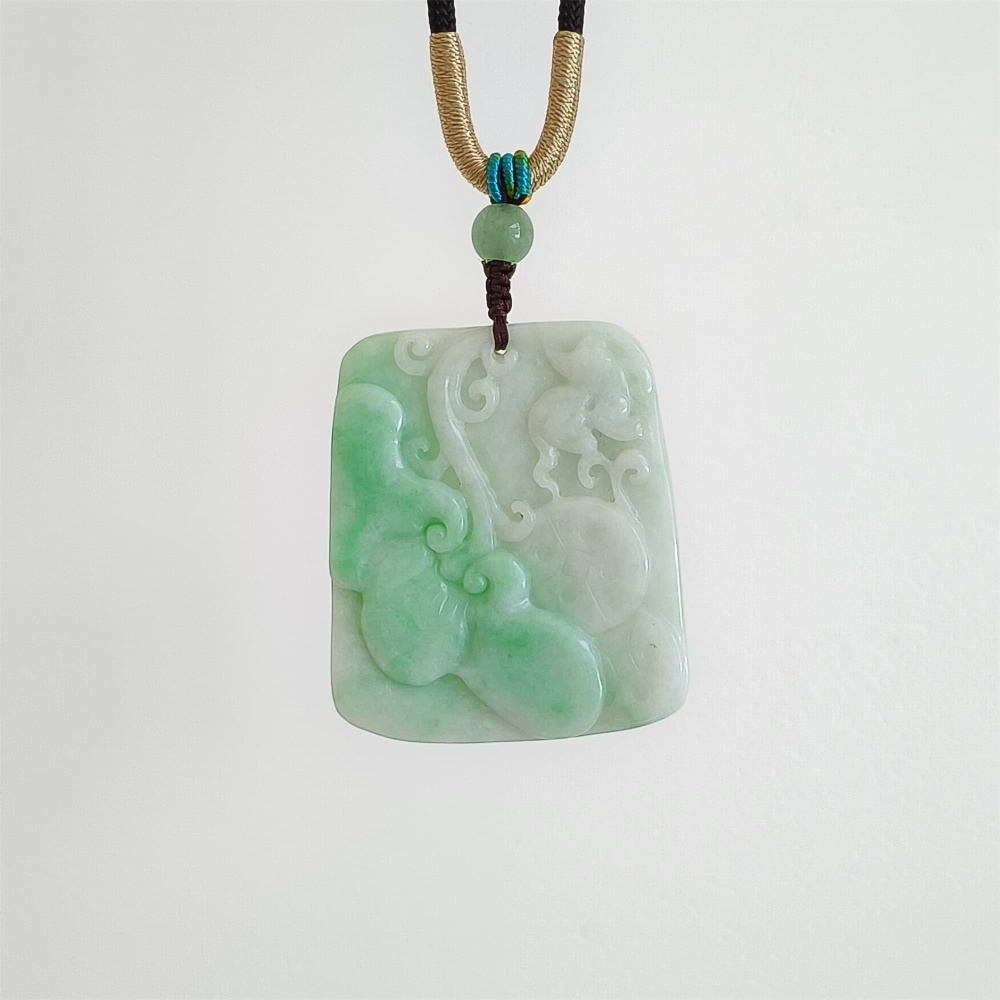 DDP | 45X38.6X6.3mm Natural Certificated Type A Green White Burmese Jadeite Trapezoid Pendant With Ruyi And Bird Carved,Amulet Pendant,DIY Jewelry Supplies
