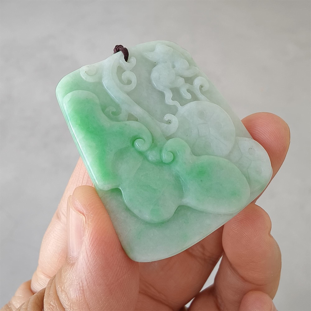 DDP | 45X38.6X6.3mm Natural Certificated Type A Green White Burmese Jadeite Trapezoid Pendant With Ruyi And Bird Carved,Amulet Pendant,DIY Jewelry Supplies