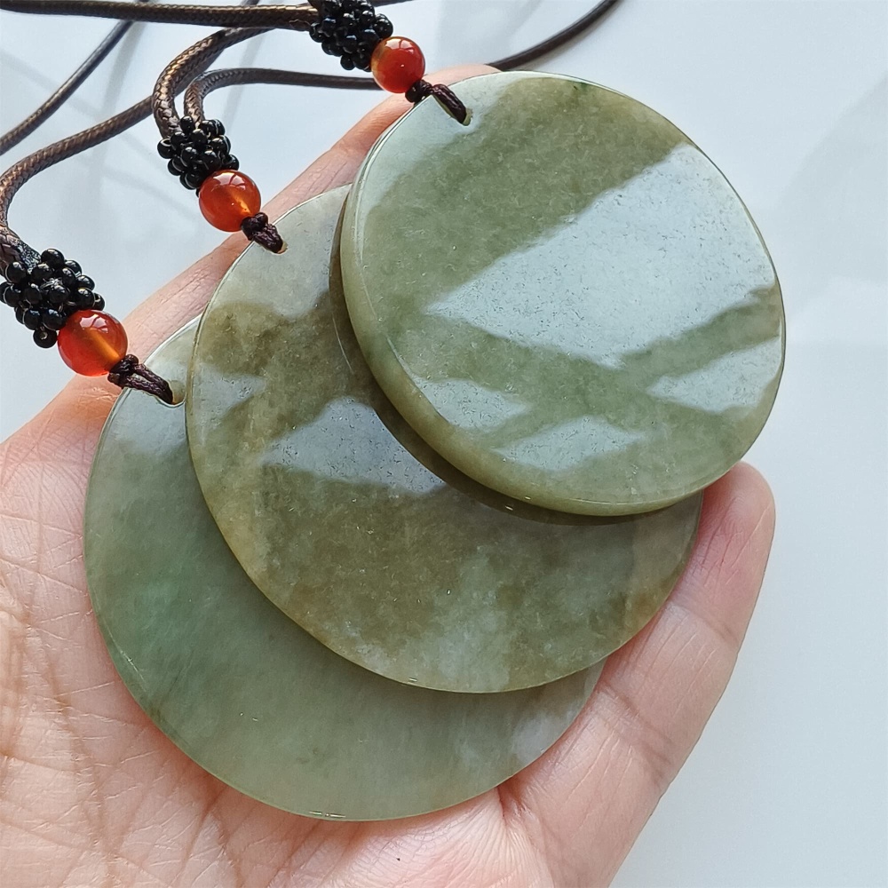 DDP | 54-57X1.7-4.9mm Natural Certificated Type A Green Yellow Burmese Jadeite Round平安无事 Plaque,Amulet Pendant,DIY Jewelry Supplies