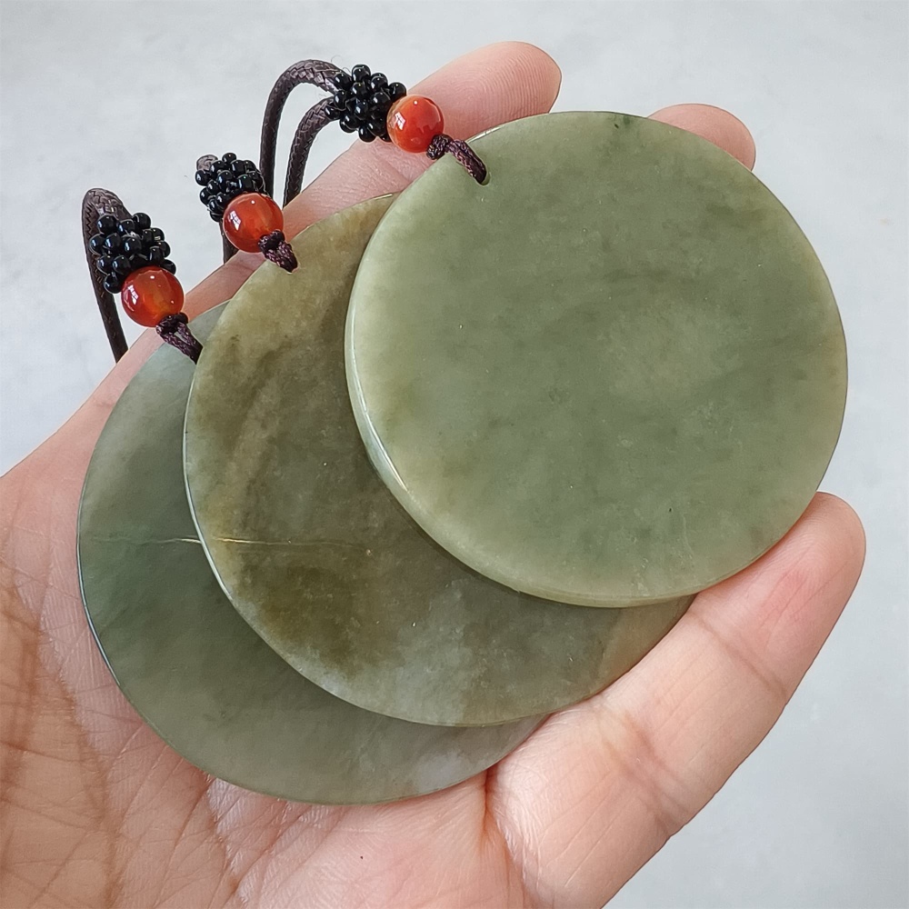DDP | 54-57X1.7-4.9mm Natural Certificated Type A Green Yellow Burmese Jadeite Round平安无事 Plaque,Amulet Pendant,DIY Jewelry Supplies