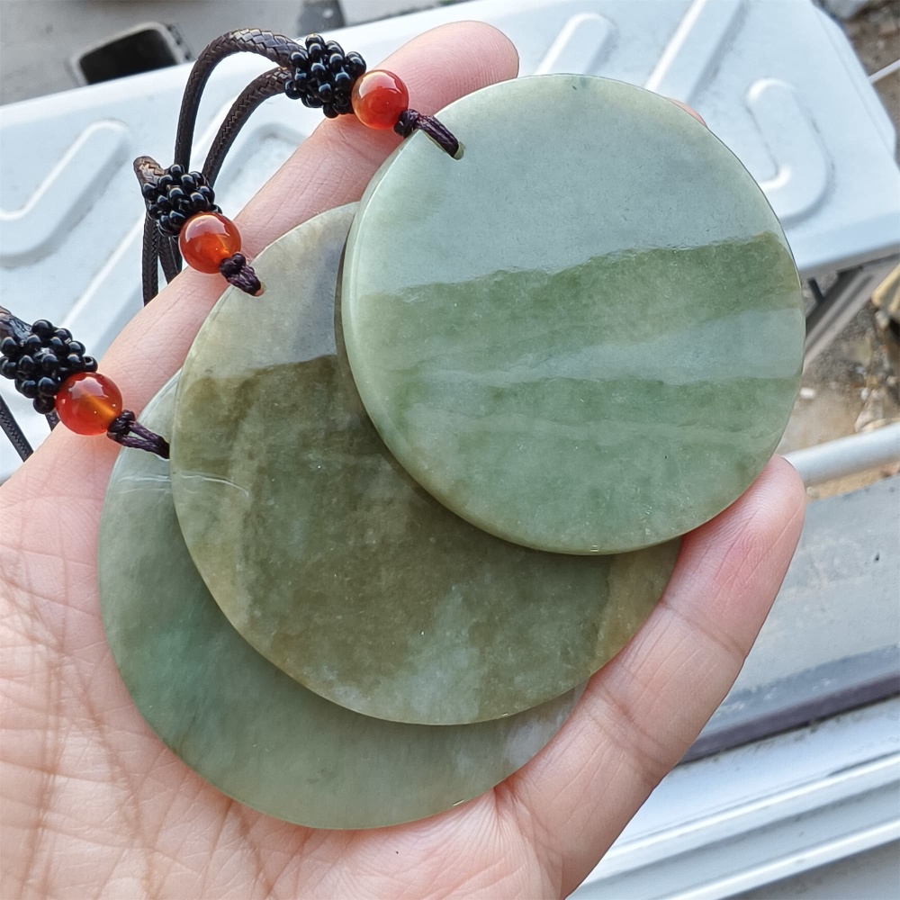 DDP | 54-57X1.7-4.9mm Natural Certificated Type A Green Yellow Burmese Jadeite Round平安无事 Plaque,Amulet Pendant,DIY Jewelry Supplies