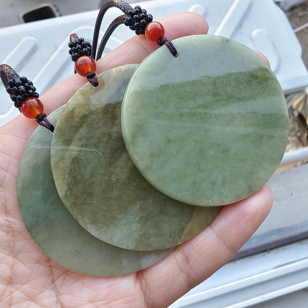 DDP | 54-57X1.7-4.9mm Natural Certificated Type A Green Yellow Burmese Jadeite Round平安无事 Plaque,Amulet Pendant,DIY Jewelry Supplies