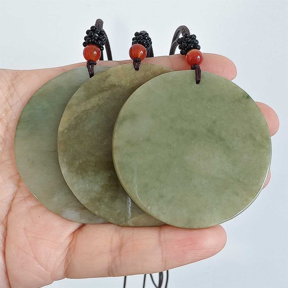DDP | 54-57X1.7-4.9mm Natural Certificated Type A Green Yellow Burmese Jadeite Round平安无事 Plaque,Amulet Pendant,DIY Jewelry Supplies