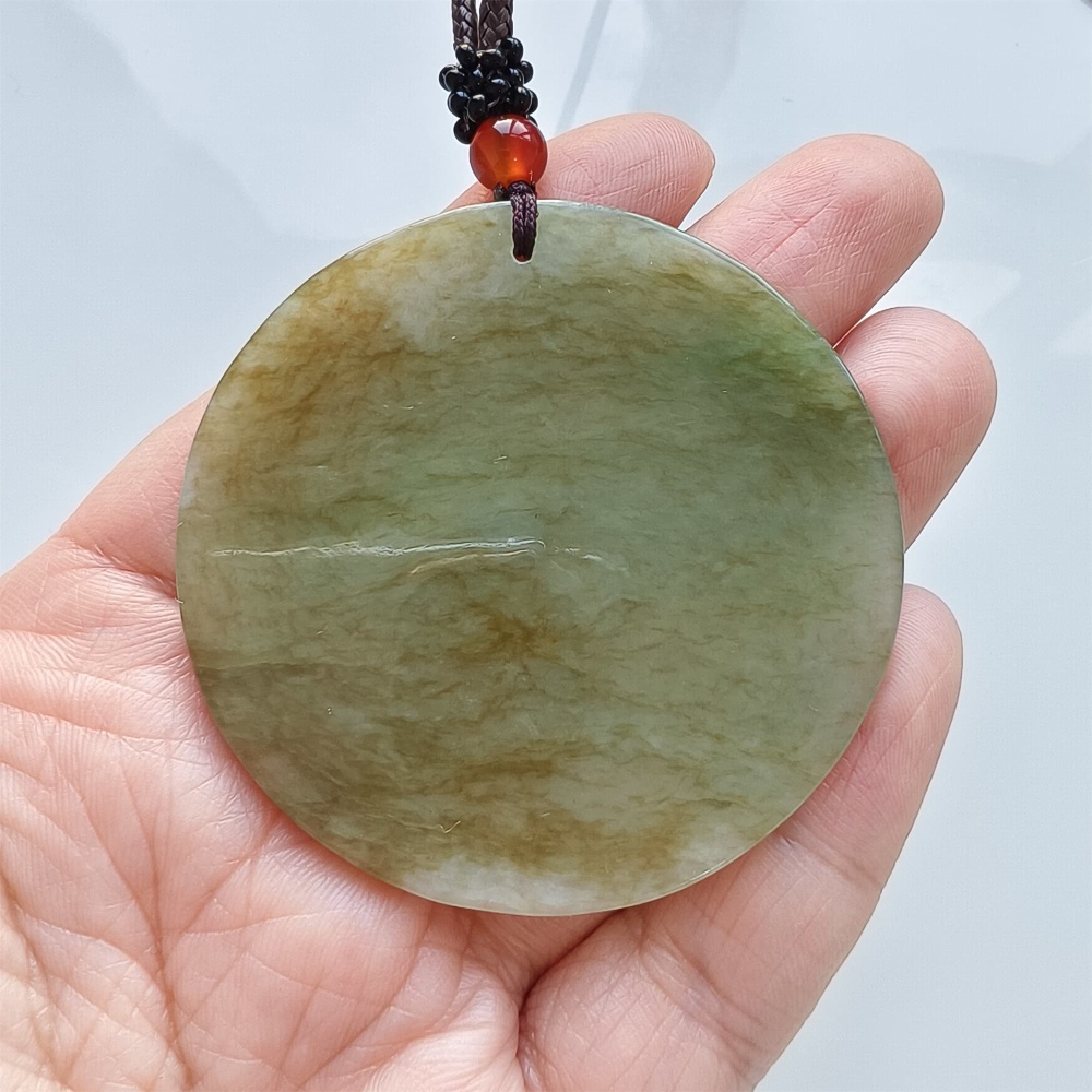 DDP | 54-57X1.7-4.9mm Natural Certificated Type A Green Yellow Burmese Jadeite Round平安无事 Plaque,Amulet Pendant,DIY Jewelry Supplies