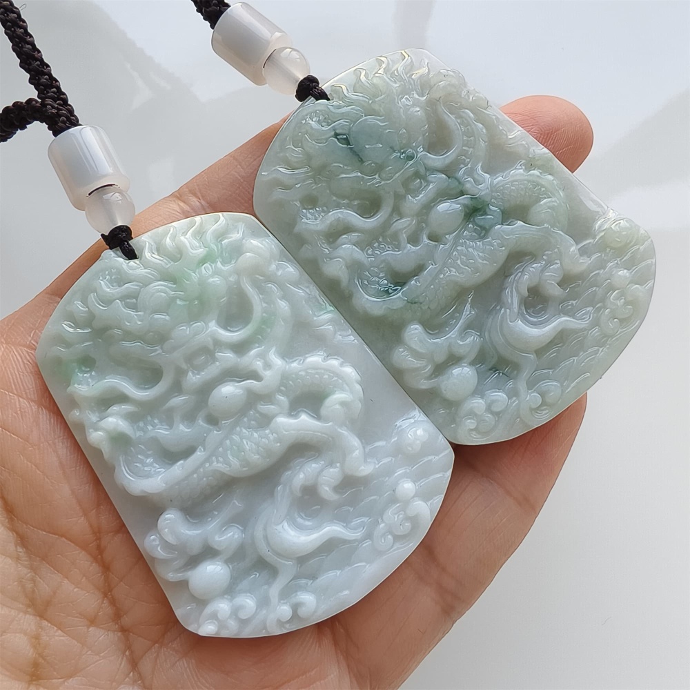 DDP | 53.5X39X6.3mm Natural Certificated Type A Light Green Burmese Jadeite Trapezoid Pendant With Dragon Carved,Amulet Pendant,DIY Jewelry Supplies