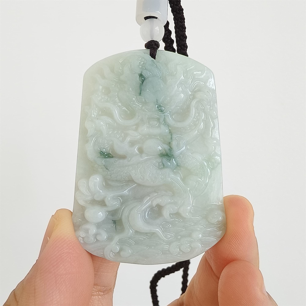 DDP | 53.5X39X6.3mm Natural Certificated Type A Light Green Burmese Jadeite Trapezoid Pendant With Dragon Carved,Amulet Pendant,DIY Jewelry Supplies