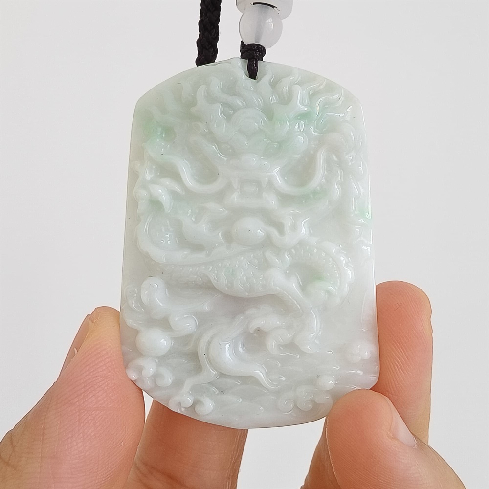 DDP | 53.5X39X6.3mm Natural Certificated Type A Light Green Burmese Jadeite Trapezoid Pendant With Dragon Carved,Amulet Pendant,DIY Jewelry Supplies