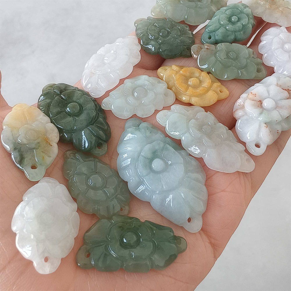DDP | 2pcs 24.3-39.8X16-21X2.8-5.7mm Certificated Hand Carved Yellow Color Heated Burmese Jadeite Flower Beads,Double Drilled beads,DIY Jewelry Supplies