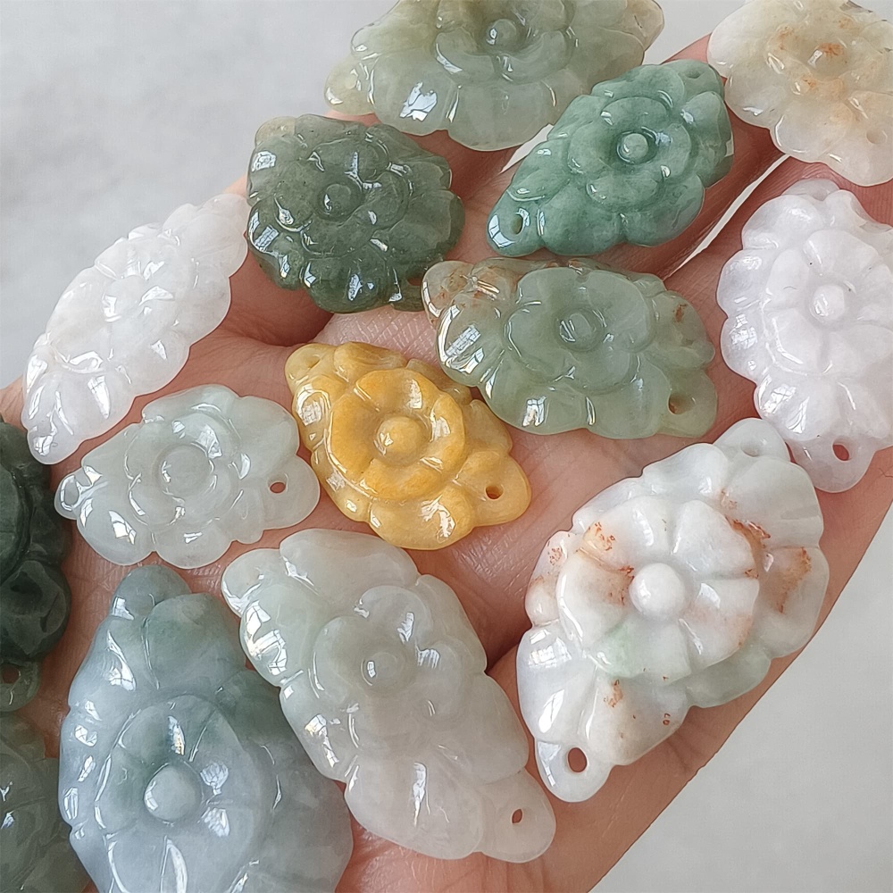 DDP | 2pcs 24.3-39.8X16-21X2.8-5.7mm Certificated Hand Carved Yellow Color Heated Burmese Jadeite Flower Beads,Double Drilled beads,DIY Jewelry Supplies