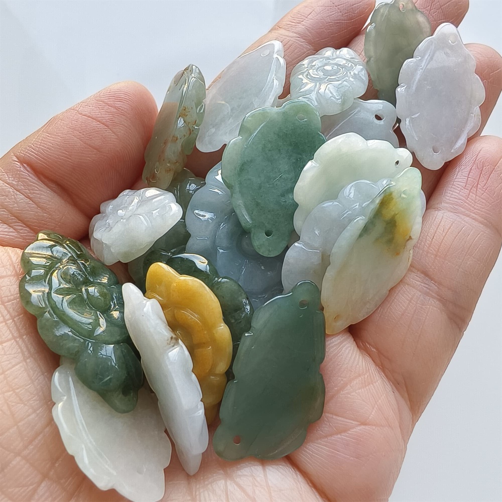 DDP | 2pcs 24.3-39.8X16-21X2.8-5.7mm Certificated Hand Carved Yellow Color Heated Burmese Jadeite Flower Beads,Double Drilled beads,DIY Jewelry Supplies