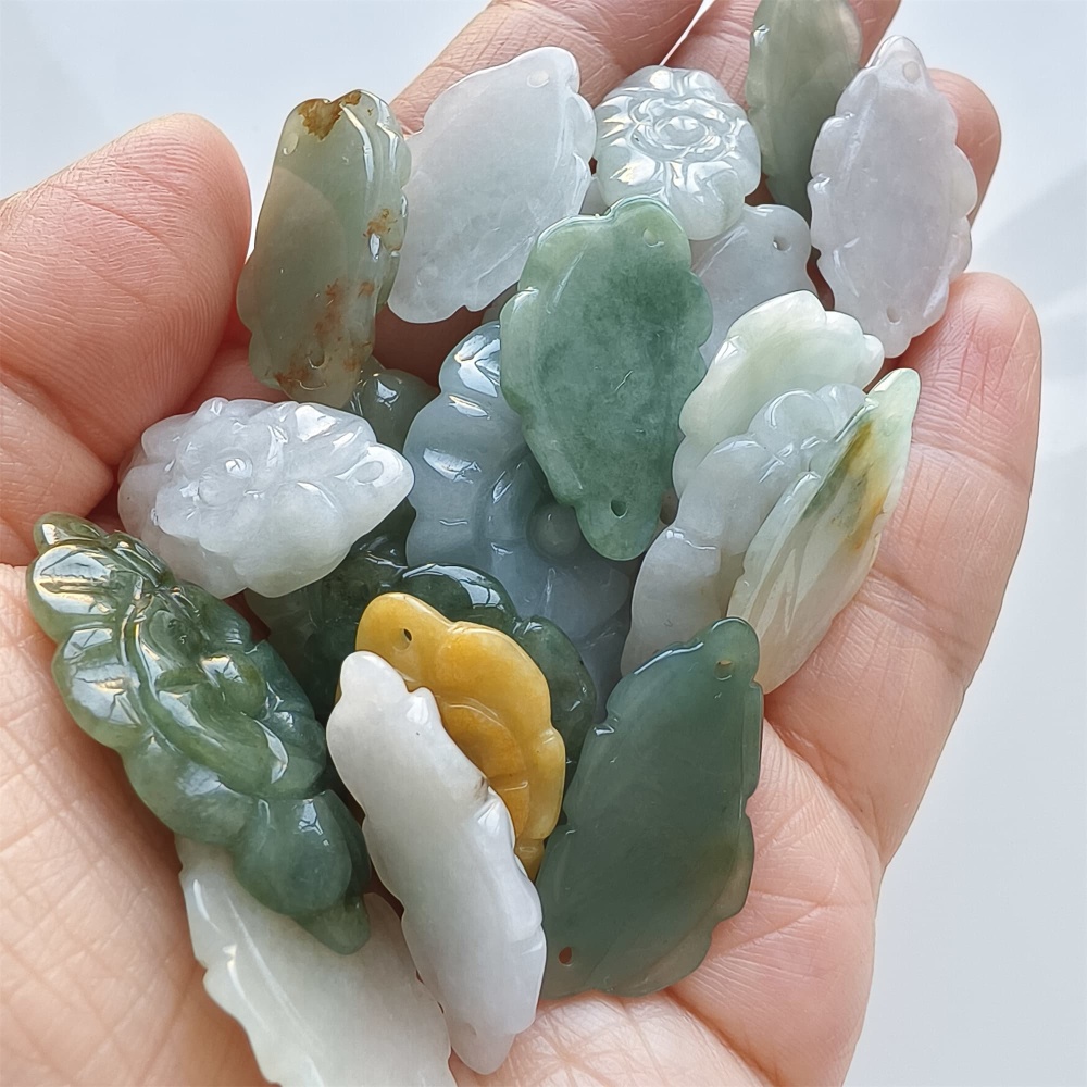 DDP | 2pcs 24.3-39.8X16-21X2.8-5.7mm Certificated Hand Carved Yellow Color Heated Burmese Jadeite Flower Beads,Double Drilled beads,DIY Jewelry Supplies