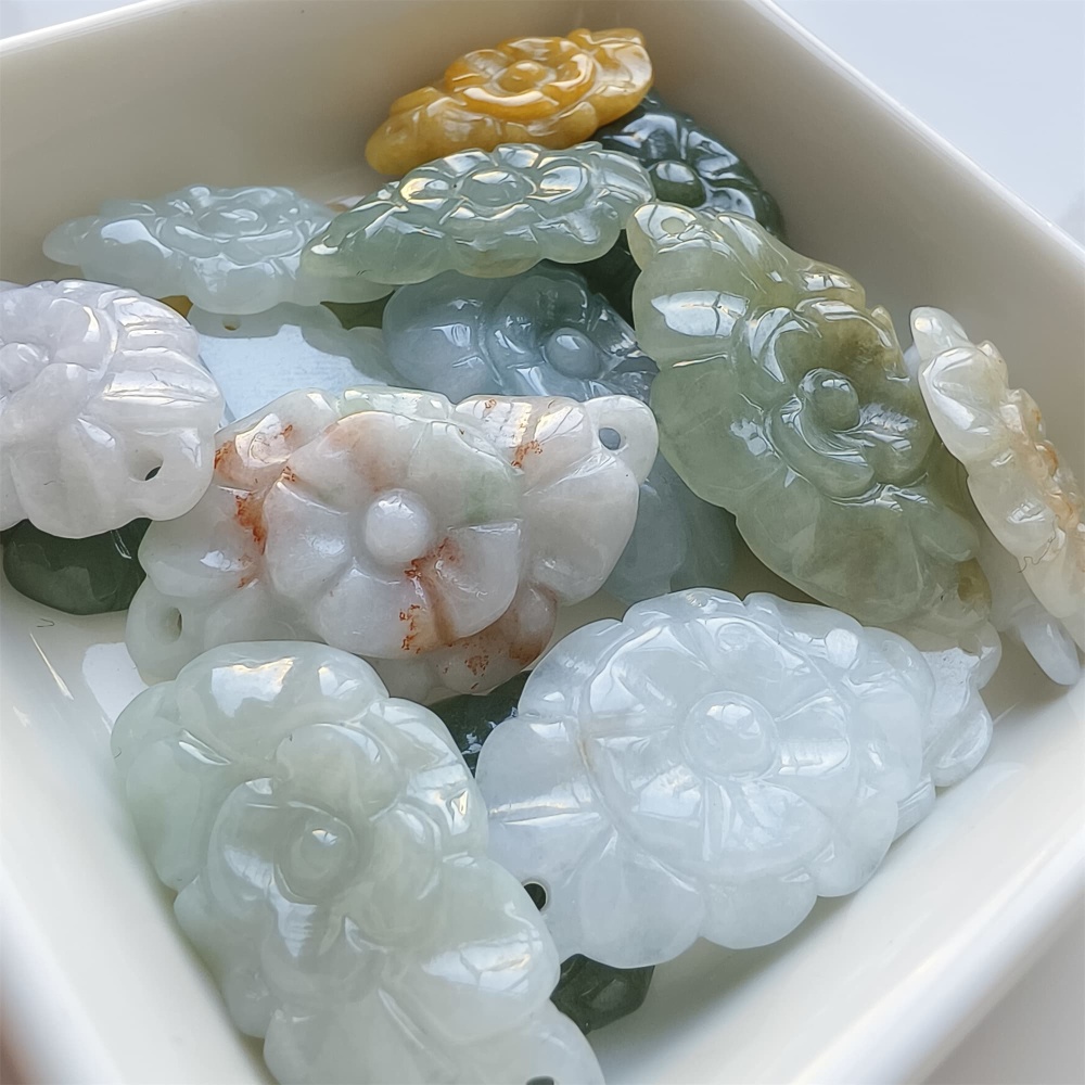DDP | 2pcs 24.3-39.8X16-21X2.8-5.7mm Certificated Hand Carved Yellow Color Heated Burmese Jadeite Flower Beads,Double Drilled beads,DIY Jewelry Supplies