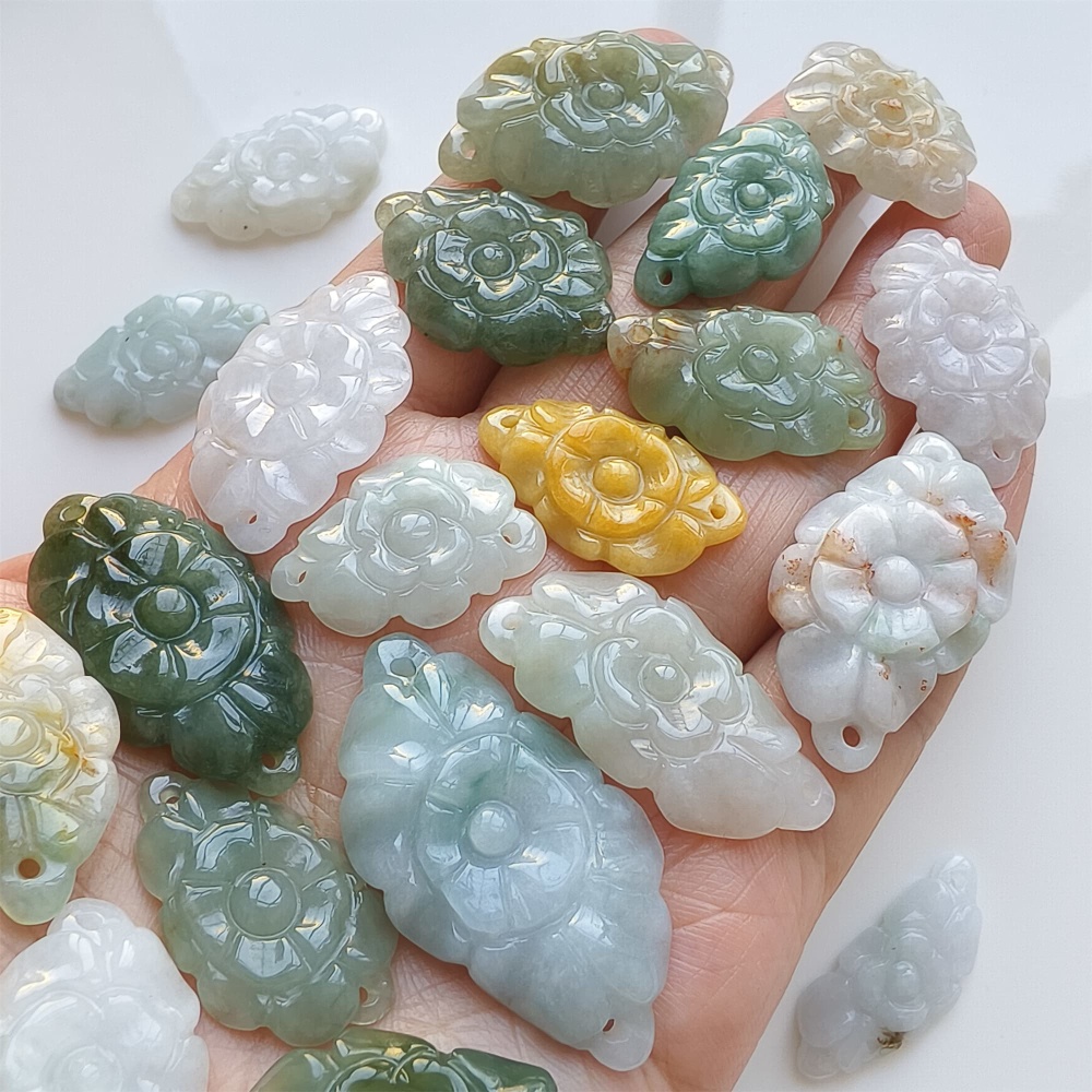 DDP | 2pcs 24.3-39.8X16-21X2.8-5.7mm Certificated Hand Carved Yellow Color Heated Burmese Jadeite Flower Beads,Double Drilled beads,DIY Jewelry Supplies