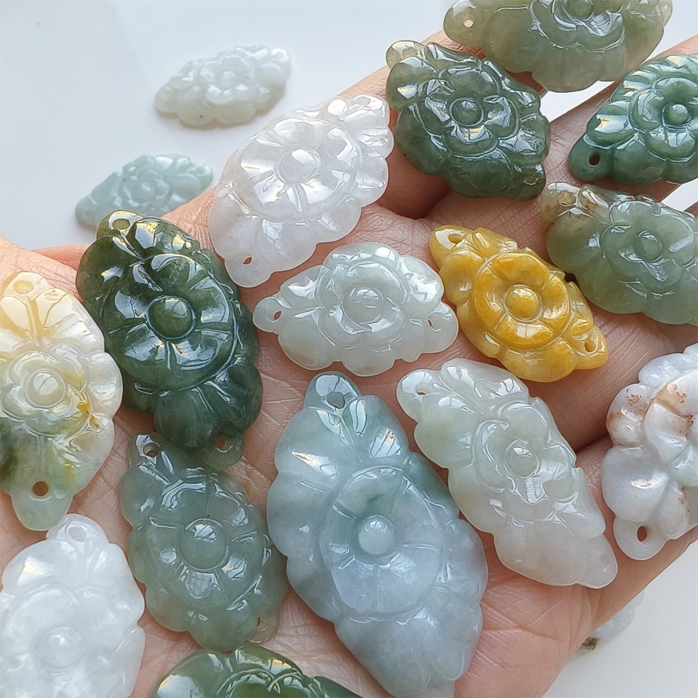 DDP | 2pcs 24.3-39.8X16-21X2.8-5.7mm Certificated Hand Carved Yellow Color Heated Burmese Jadeite Flower Beads,Double Drilled beads,DIY Jewelry Supplies