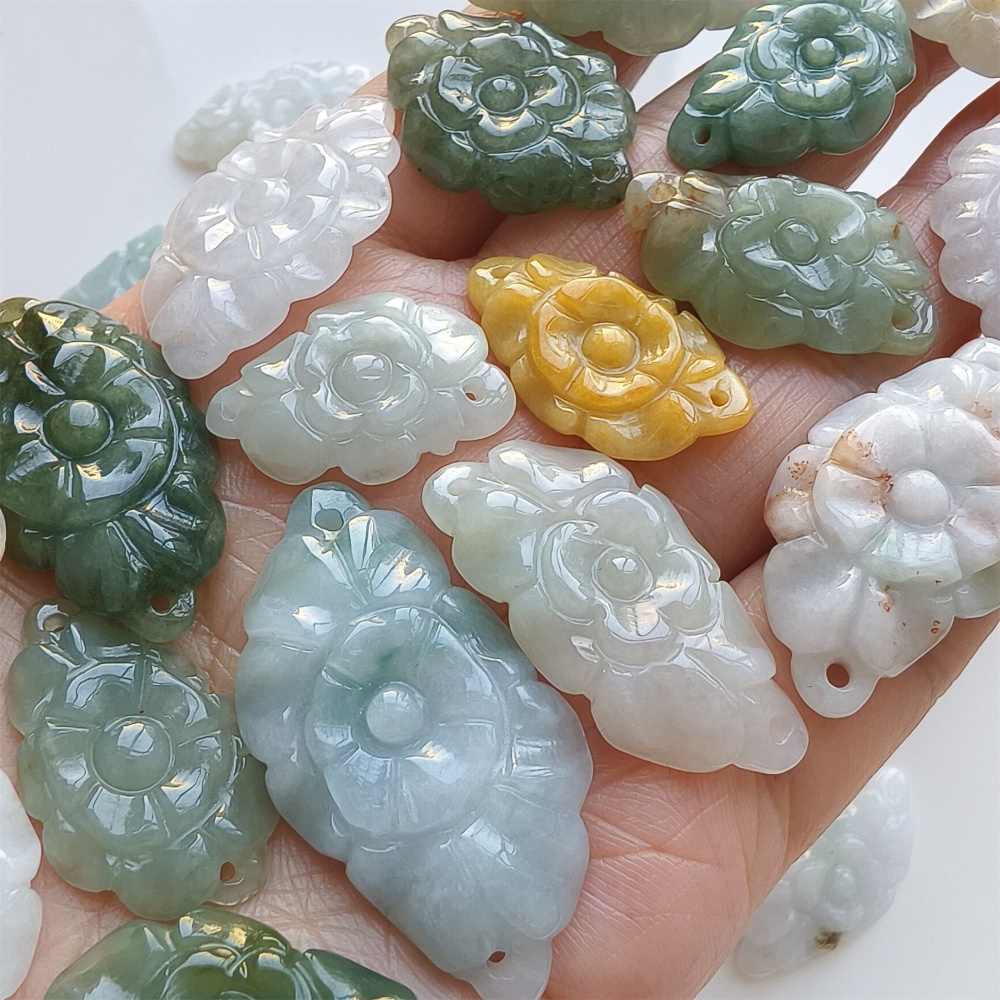 DDP | 2pcs 24.3-39.8X16-21X2.8-5.7mm Certificated Hand Carved Yellow Color Heated Burmese Jadeite Flower Beads,Double Drilled beads,DIY Jewelry Supplies