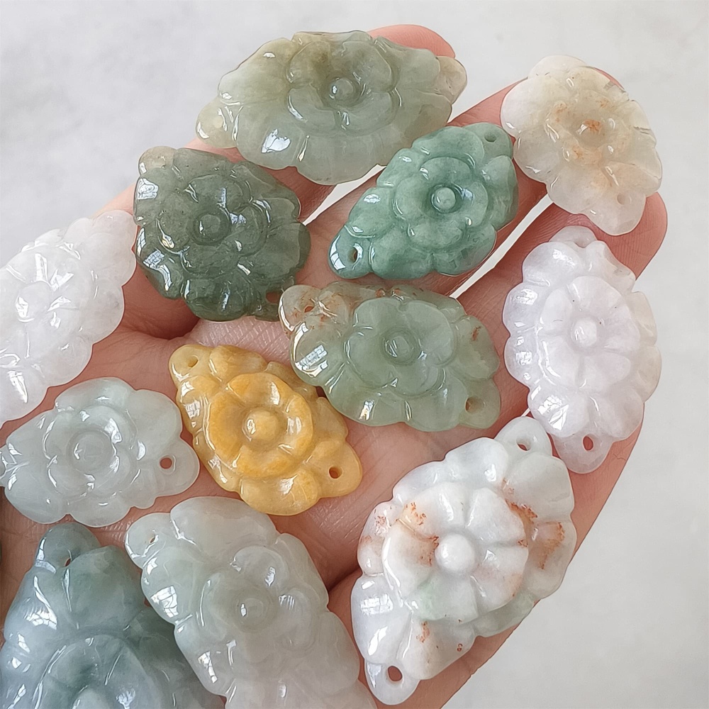 DDP | 2pcs 24.3-39.8X16-21X2.8-5.7mm Certificated Hand Carved Yellow Color Heated Burmese Jadeite Flower Beads,Double Drilled beads,DIY Jewelry Supplies