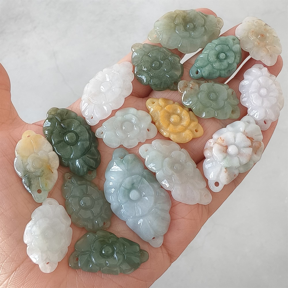 DDP | 2pcs 24.3-39.8X16-21X2.8-5.7mm Certificated Hand Carved Yellow Color Heated Burmese Jadeite Flower Beads,Double Drilled beads,DIY Jewelry Supplies