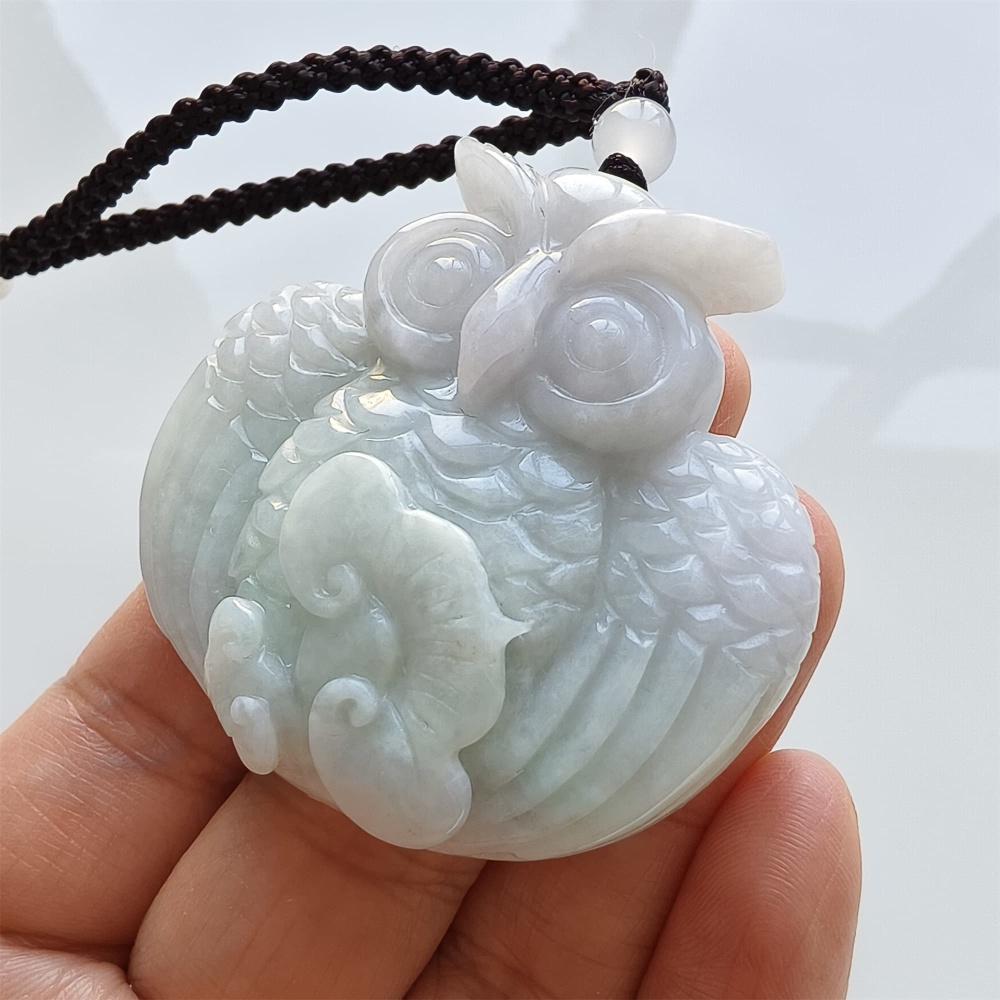 DDP | 47.5X50X12.5mm Natural Certificated Type A Light Green And White Burmese Jadeite Owl Pendant, Myanmar Jadeite Pendant