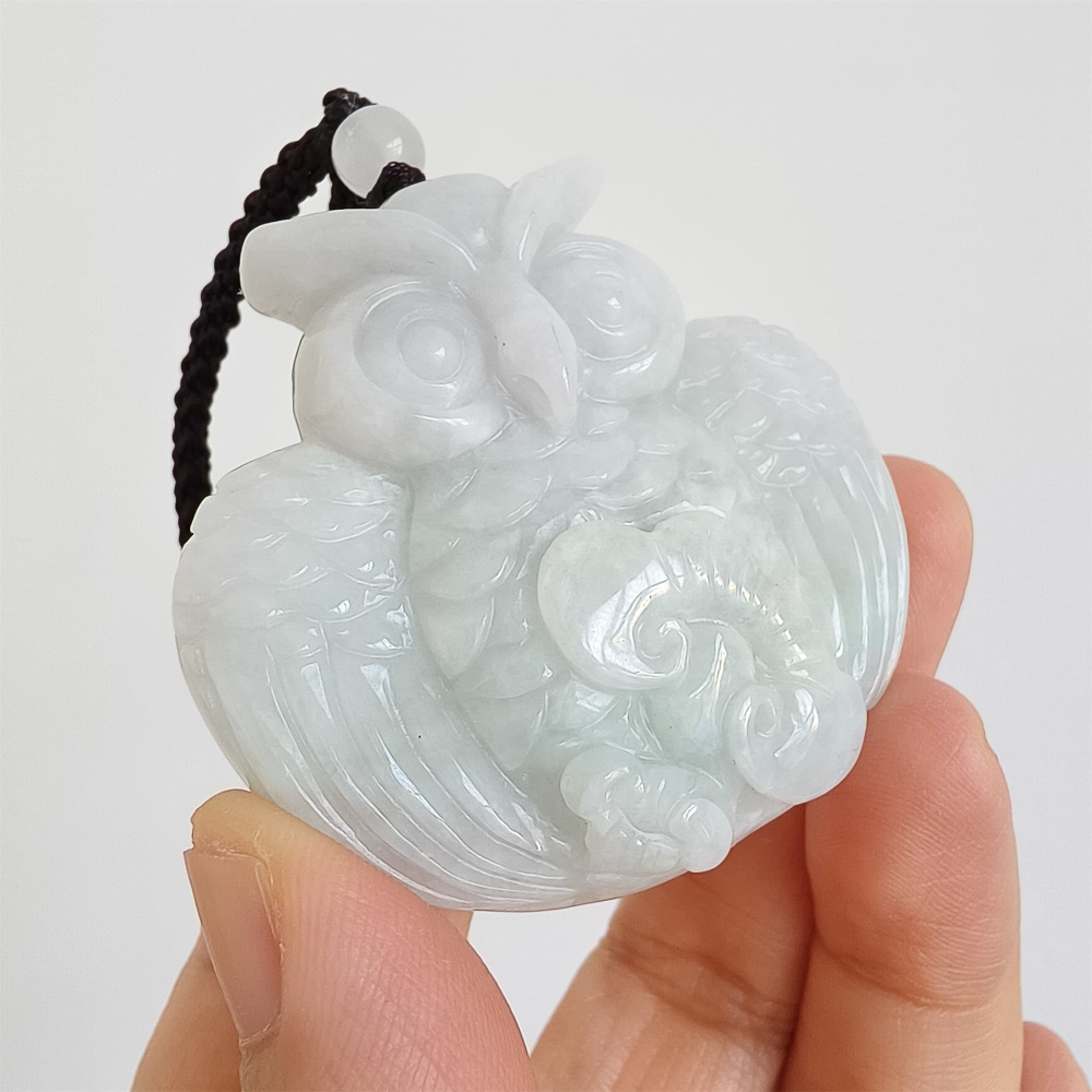 DDP | 47.5X50X12.5mm Natural Certificated Type A Light Green And White Burmese Jadeite Owl Pendant, Myanmar Jadeite Pendant
