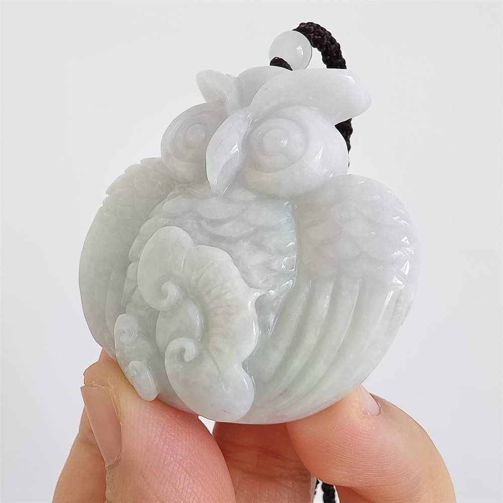 DDP | 47.5X50X12.5mm Natural Certificated Type A Light Green And White Burmese Jadeite Owl Pendant, Myanmar Jadeite Pendant