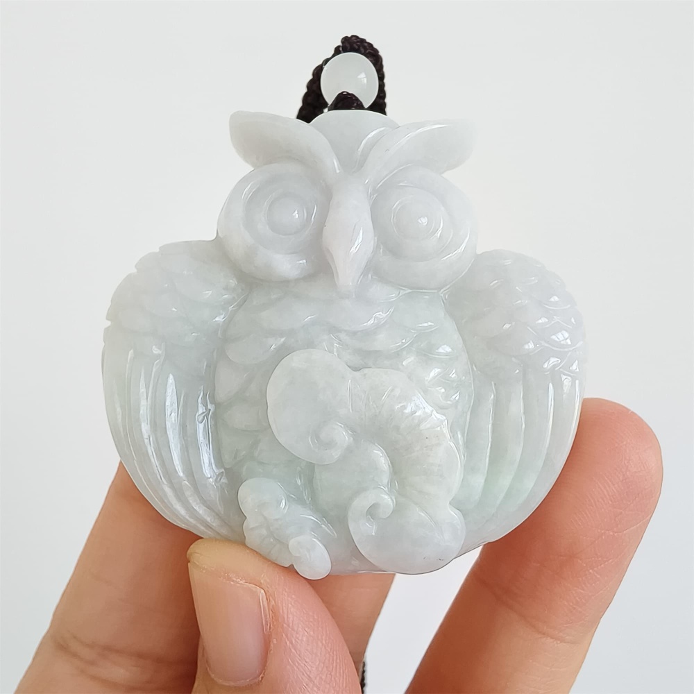 DDP | 47.5X50X12.5mm Natural Certificated Type A Light Green And White Burmese Jadeite Owl Pendant, Myanmar Jadeite Pendant