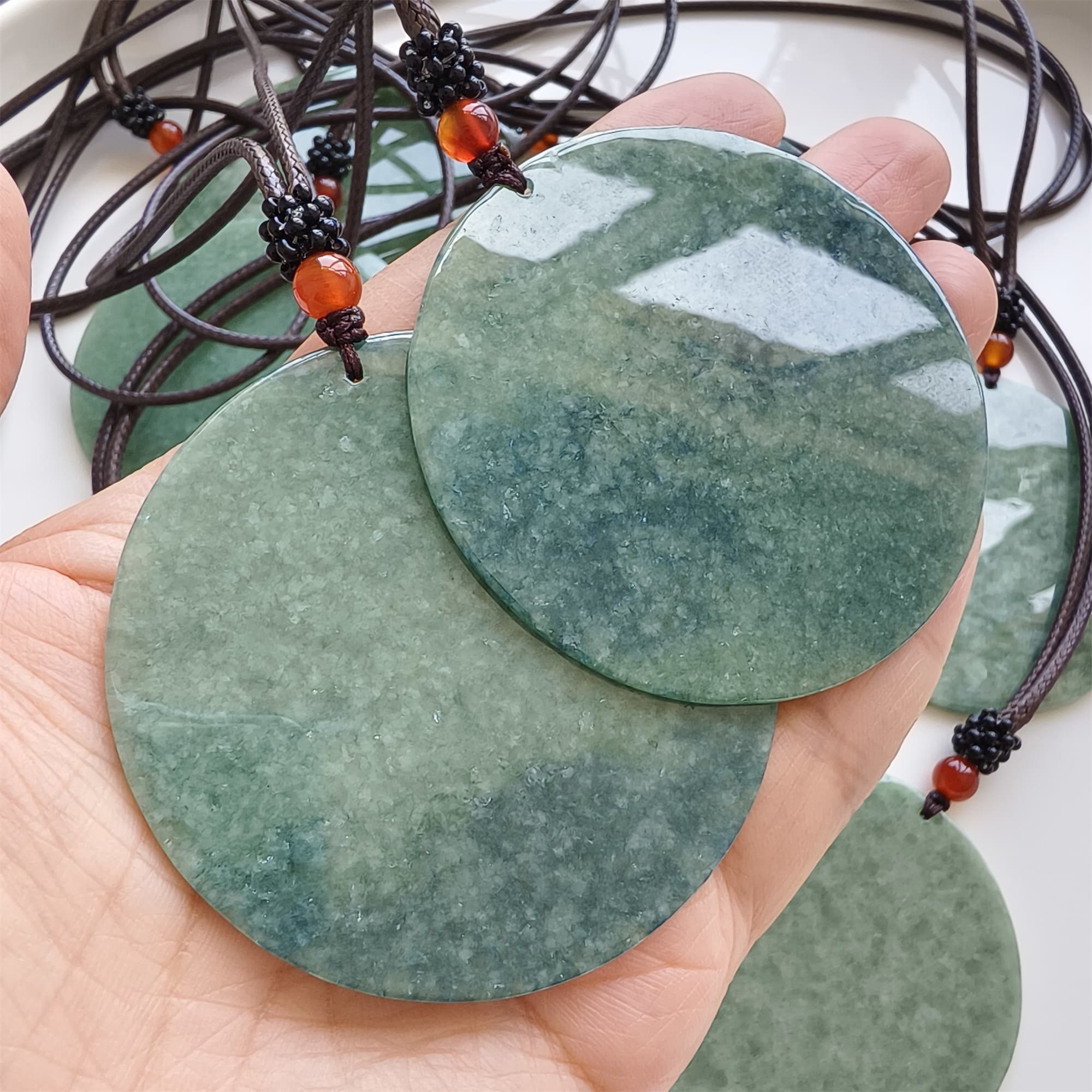 DDP | 54-61X1.6-4mm Natural Certificated Type A Bean Green Burmese Jadeite Round Pendant,平安无事,DIY Jewelry Supplies