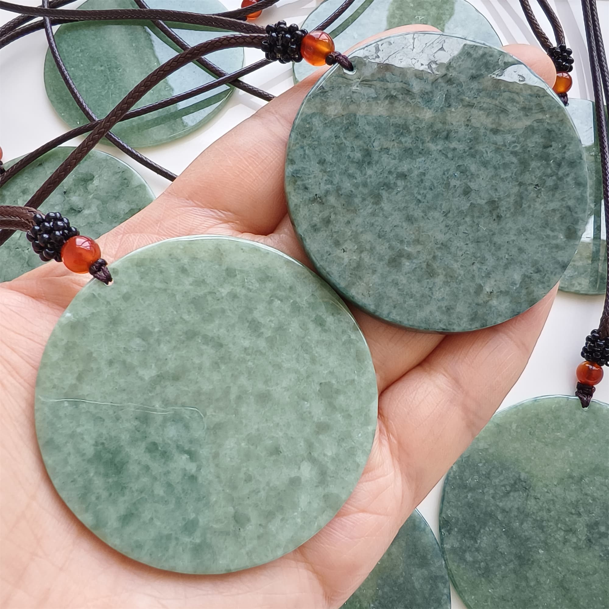 DDP | 54-61X1.6-4mm Natural Certificated Type A Bean Green Burmese Jadeite Round Pendant,平安无事,DIY Jewelry Supplies