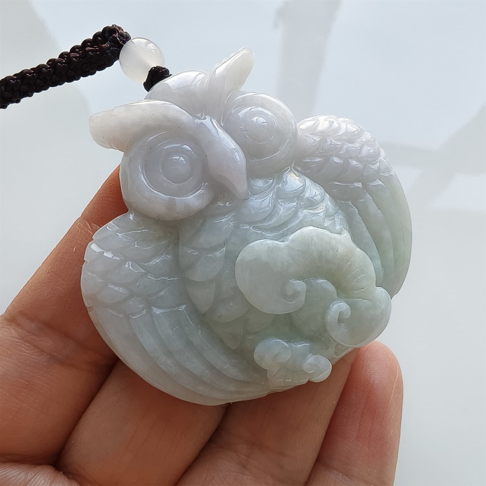 DDP | 47.5X50X12.5mm Natural Certificated Type A Light Green And White Burmese Jadeite Owl Pendant, Myanmar Jadeite Pendant