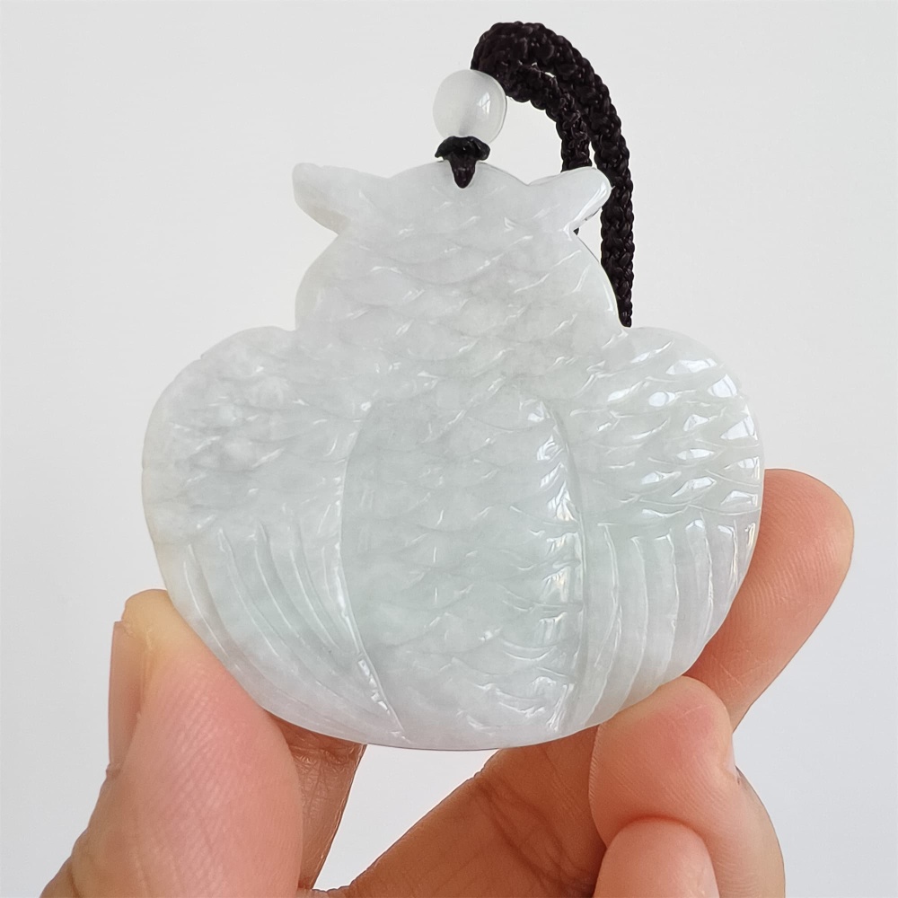 DDP | 47.5X50X12.5mm Natural Certificated Type A Light Green And White Burmese Jadeite Owl Pendant, Myanmar Jadeite Pendant
