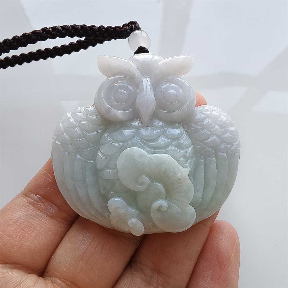 DDP | 47.5X50X12.5mm Natural Certificated Type A Light Green And White Burmese Jadeite Owl Pendant, Myanmar Jadeite Pendant