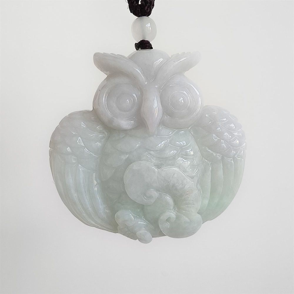 DDP | 47.5X50X12.5mm Natural Certificated Type A Light Green And White Burmese Jadeite Owl Pendant, Myanmar Jadeite Pendant
