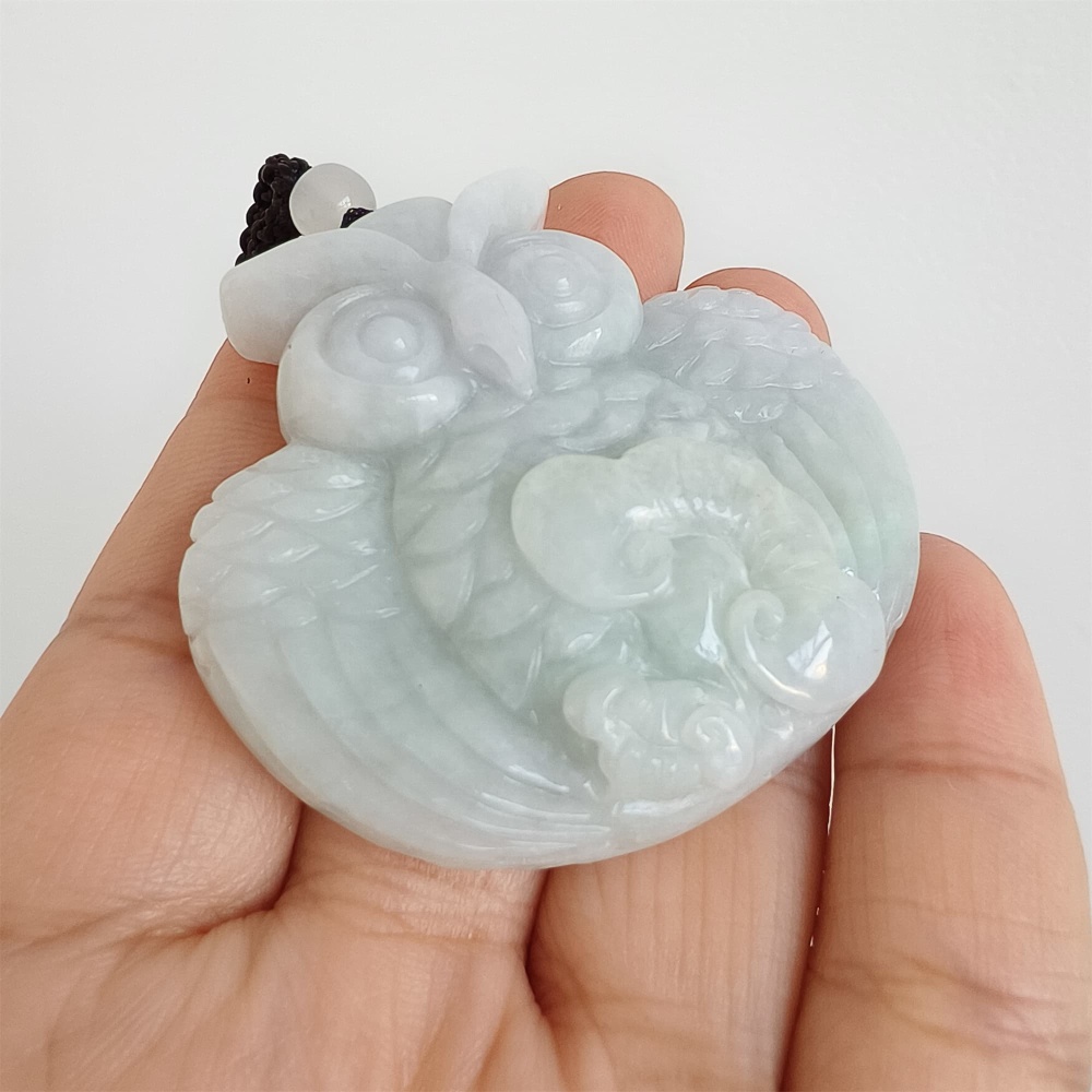 DDP | 47.5X50X12.5mm Natural Certificated Type A Light Green And White Burmese Jadeite Owl Pendant, Myanmar Jadeite Pendant
