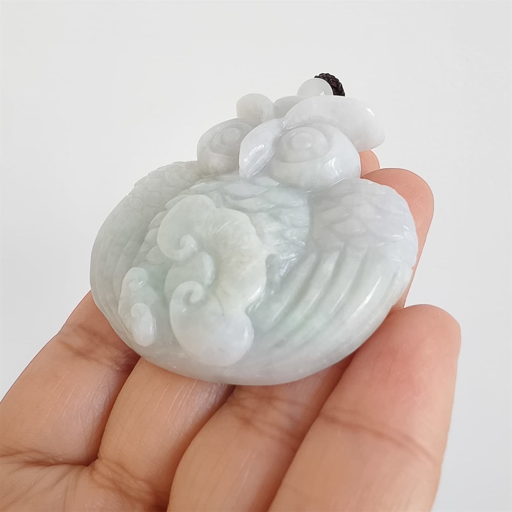 DDP | 47.5X50X12.5mm Natural Certificated Type A Light Green And White Burmese Jadeite Owl Pendant, Myanmar Jadeite Pendant
