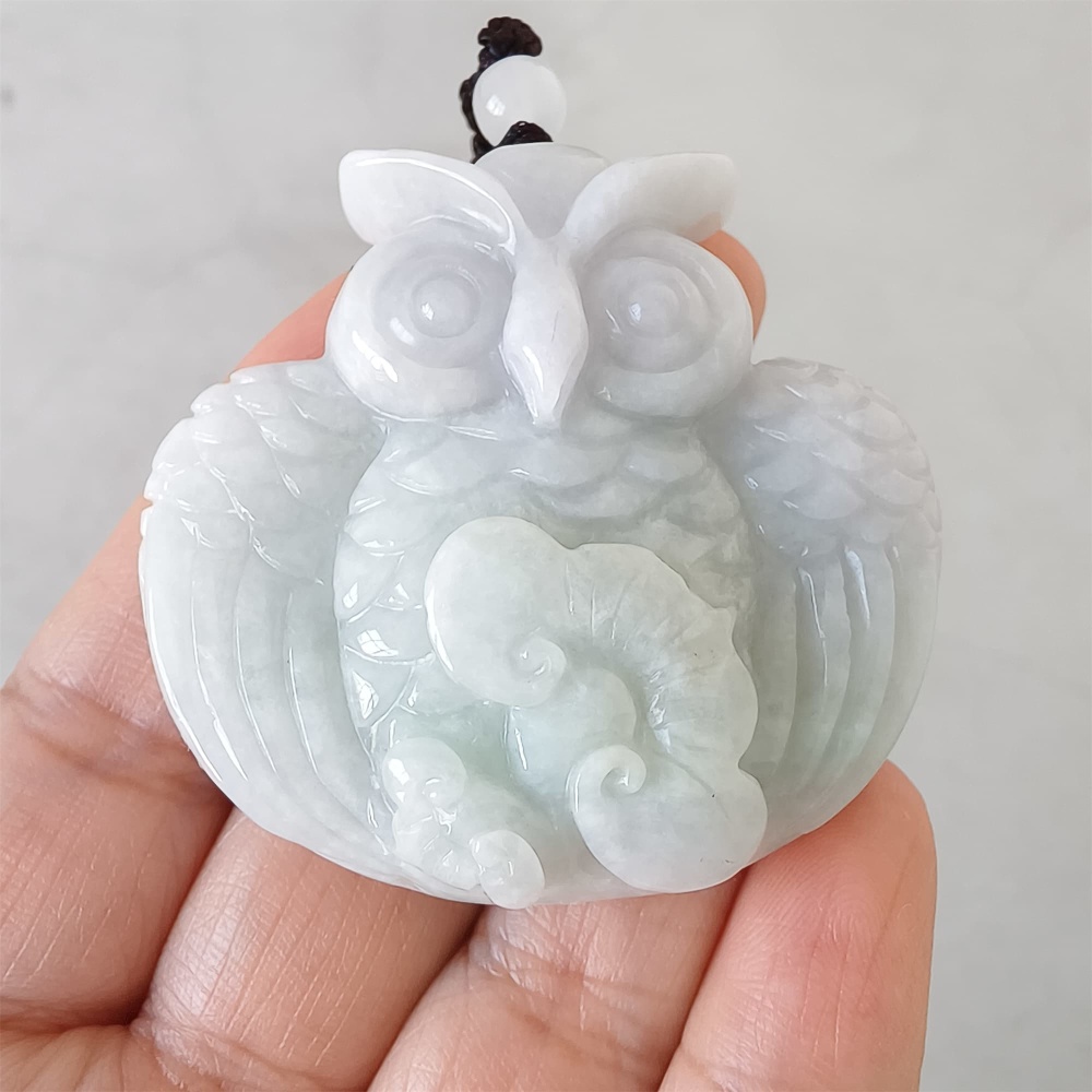 DDP | 47.5X50X12.5mm Natural Certificated Type A Light Green And White Burmese Jadeite Owl Pendant, Myanmar Jadeite Pendant