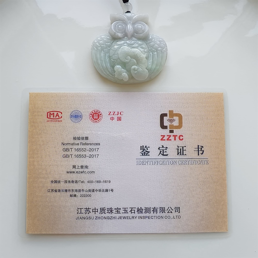 DDP | 47.5X50X12.5mm Natural Certificated Type A Light Green And White Burmese Jadeite Owl Pendant, Myanmar Jadeite Pendant