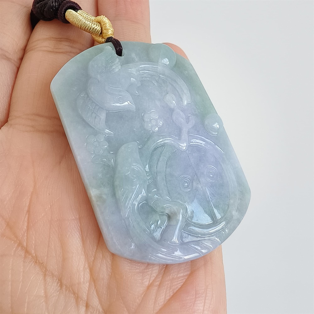 DDP | 49.8X34.8X5.5mm Natural Certificated Type A Icy Waxy Light Green And Light Lavender Burmese Jadeite Rectangle Pendant With Bird Carved,DIY Jewelry Supplies