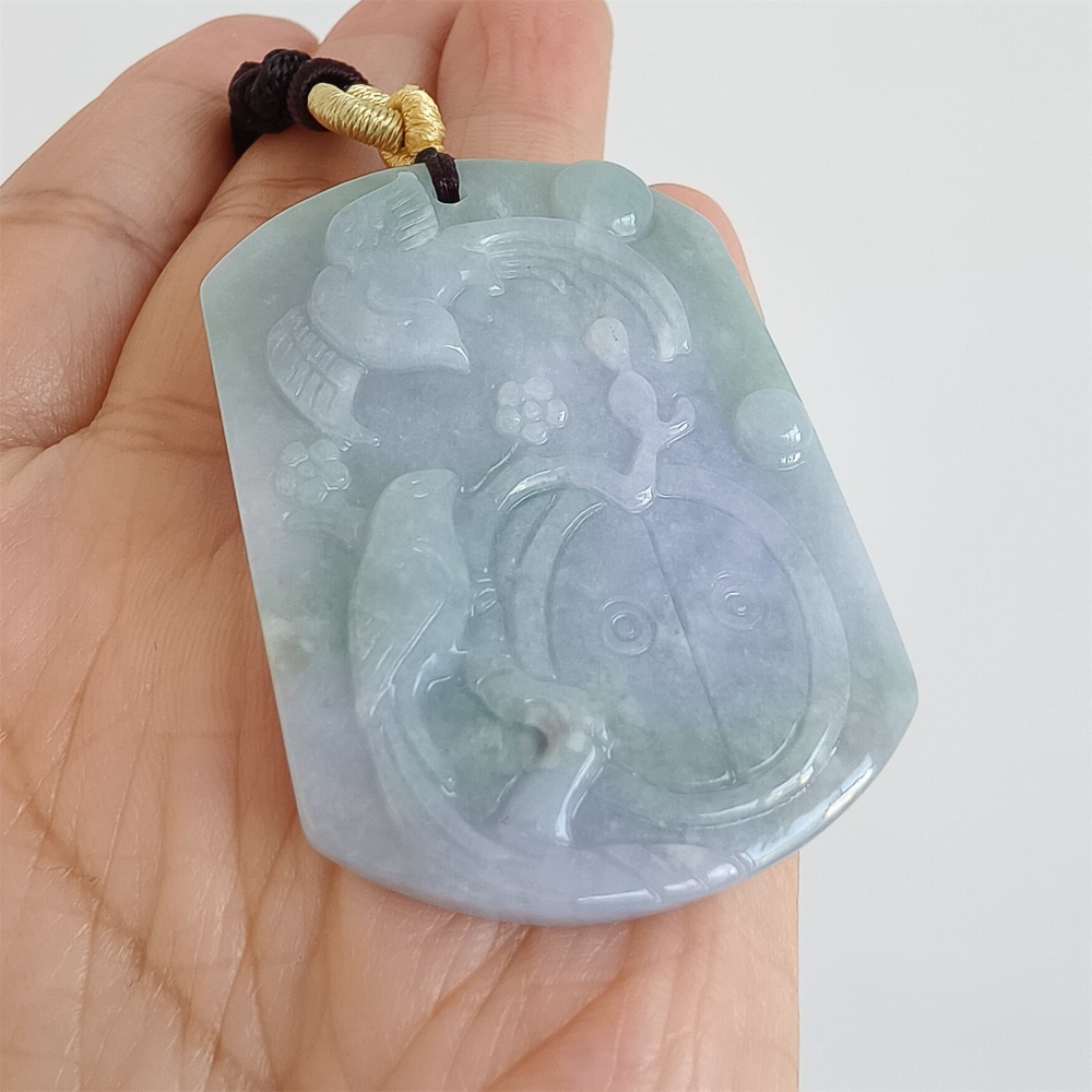 DDP | 49.8X34.8X5.5mm Natural Certificated Type A Icy Waxy Light Green And Light Lavender Burmese Jadeite Rectangle Pendant With Bird Carved,DIY Jewelry Supplies