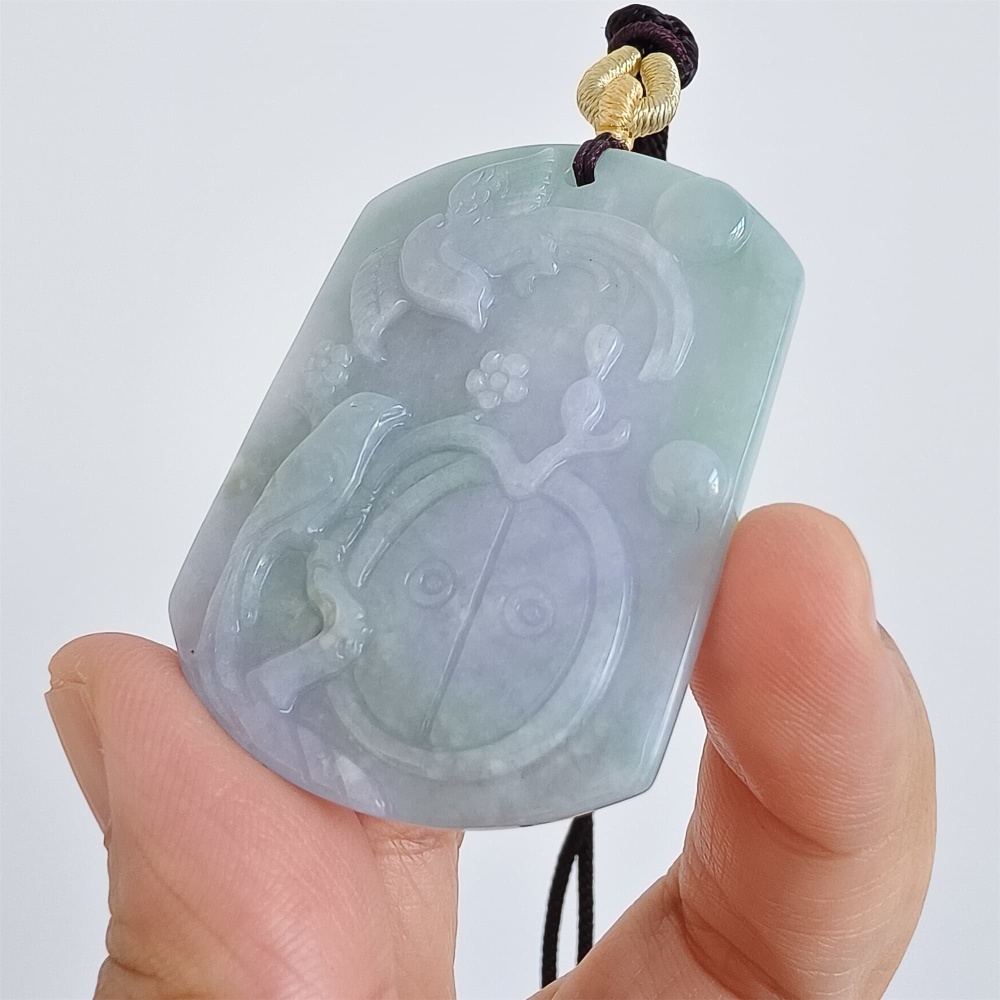 DDP | 49.8X34.8X5.5mm Natural Certificated Type A Icy Waxy Light Green And Light Lavender Burmese Jadeite Rectangle Pendant With Bird Carved,DIY Jewelry Supplies