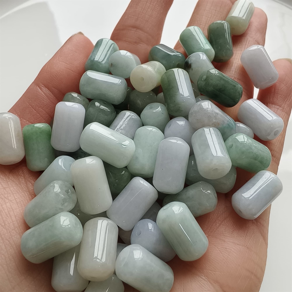DDP | 20pcs 14X8mm Natural Type A Untreated Green White Burmese Jadeite Cylindrical Beads,Burmese Jadeite Barrel beads,DIY Jewelry Supplies