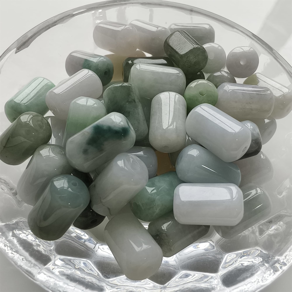 DDP | 20pcs 14X8mm Natural Type A Untreated Green White Burmese Jadeite Cylindrical Beads,Burmese Jadeite Barrel beads,DIY Jewelry Supplies