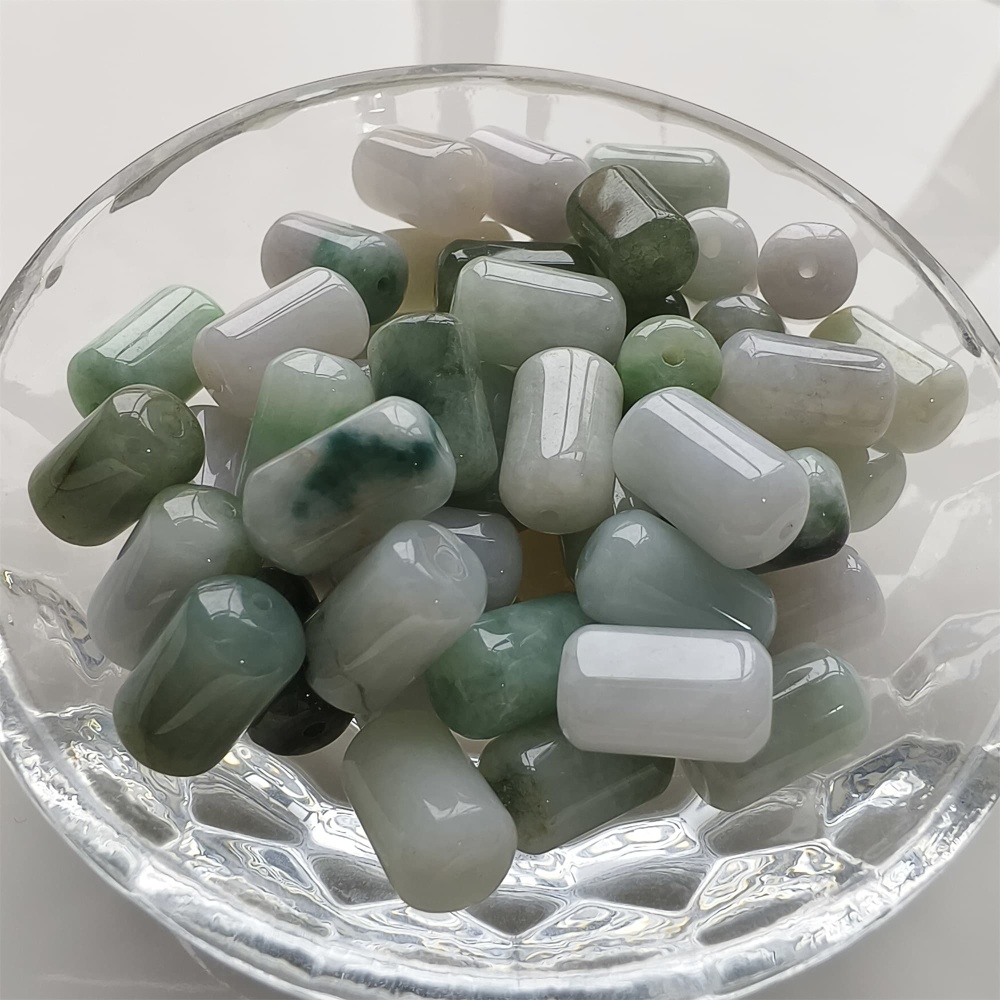 DDP | 20pcs 14X8mm Natural Type A Untreated Green White Burmese Jadeite Cylindrical Beads,Burmese Jadeite Barrel beads,DIY Jewelry Supplies