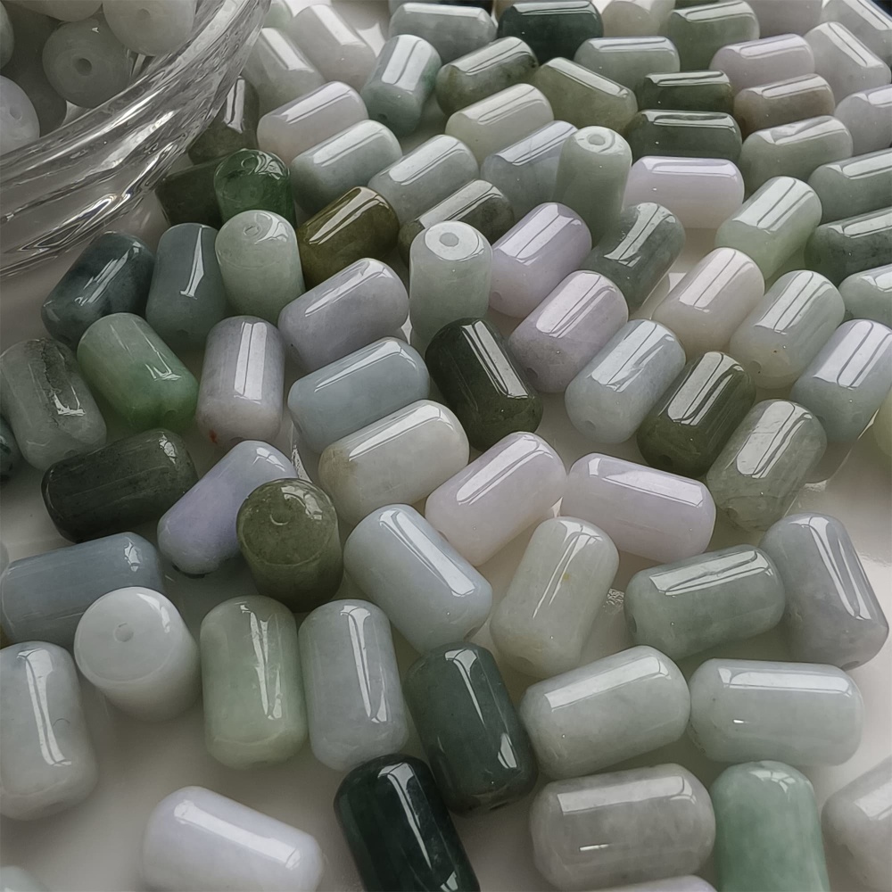 DDP | 20pcs 14X8mm Natural Type A Untreated Green White Burmese Jadeite Cylindrical Beads,Burmese Jadeite Barrel beads,DIY Jewelry Supplies