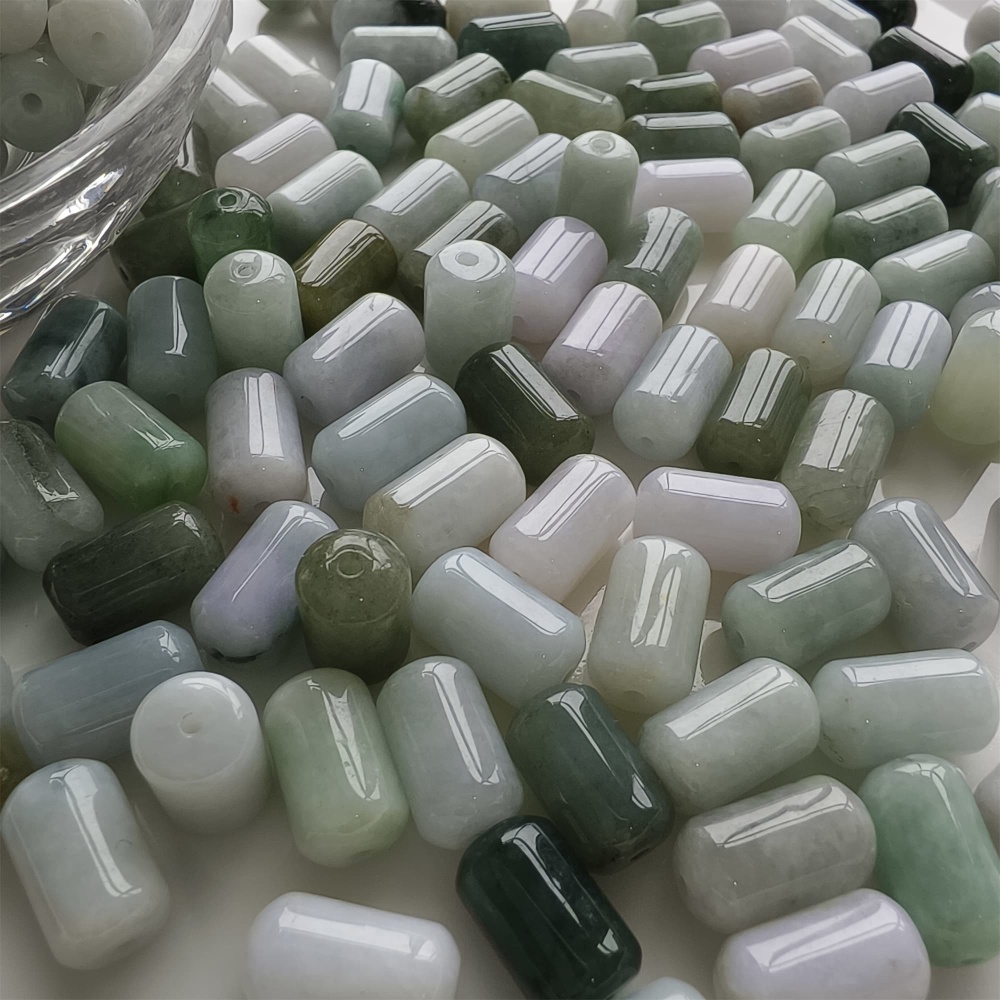 DDP | 20pcs 14X8mm Natural Type A Untreated Green White Burmese Jadeite Cylindrical Beads,Burmese Jadeite Barrel beads,DIY Jewelry Supplies