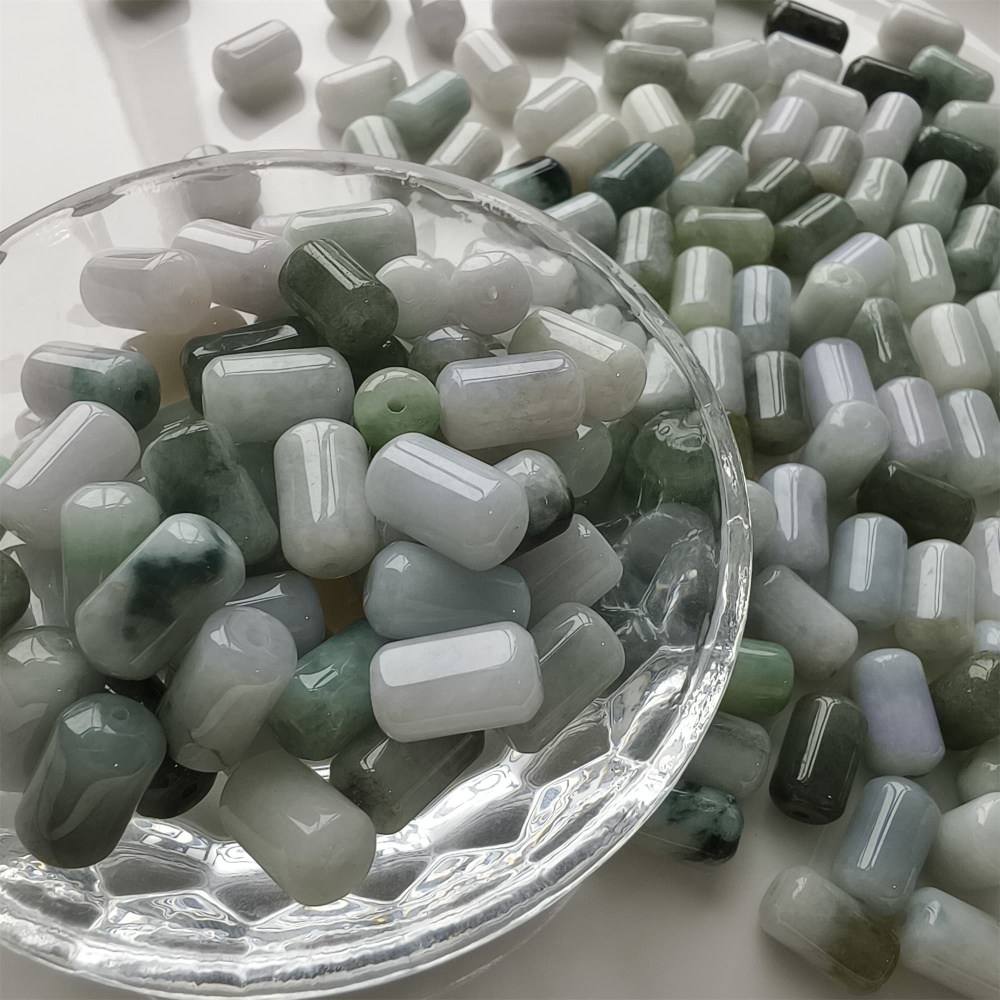 DDP | 20pcs 14X8mm Natural Type A Untreated Green White Burmese Jadeite Cylindrical Beads,Burmese Jadeite Barrel beads,DIY Jewelry Supplies