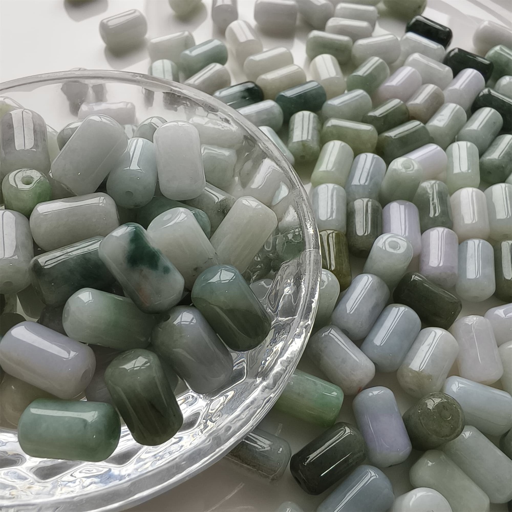 DDP | 20pcs 14X8mm Natural Type A Untreated Green White Burmese Jadeite Cylindrical Beads,Burmese Jadeite Barrel beads,DIY Jewelry Supplies