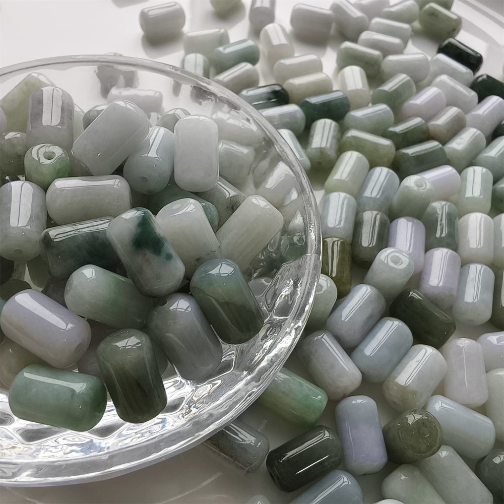 DDP | 20pcs 14X8mm Natural Type A Untreated Green White Burmese Jadeite Cylindrical Beads,Burmese Jadeite Barrel beads,DIY Jewelry Supplies