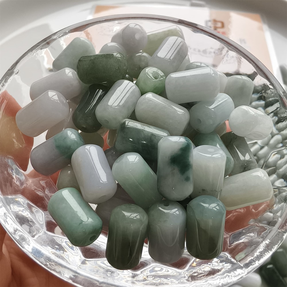 DDP | 20pcs 14X8mm Natural Type A Untreated Green White Burmese Jadeite Cylindrical Beads,Burmese Jadeite Barrel beads,DIY Jewelry Supplies